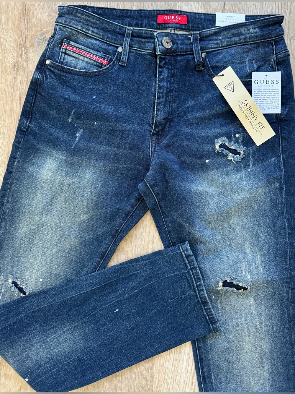 GUESS Men’s Dark Blue Skinny Fit Distressed Jeans